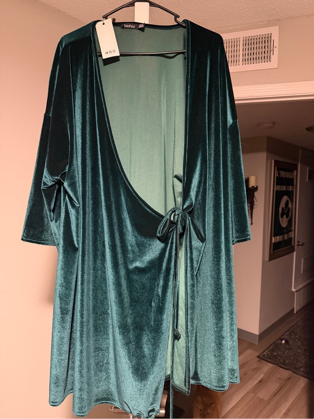 Boohoo Teal Velvet Tie-Front wrap dress